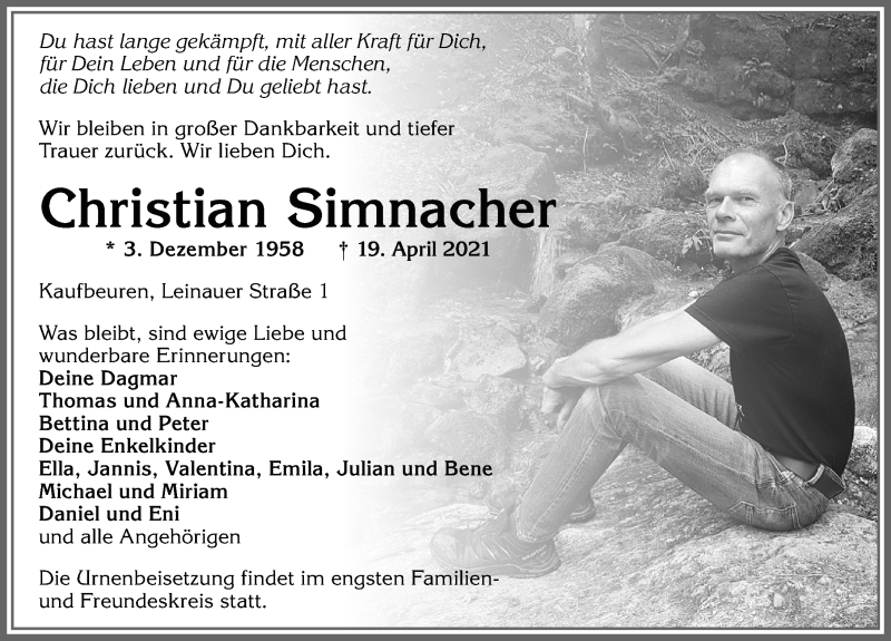  Traueranzeige für Christian Simnacher vom 24.04.2021 aus Allgäuer Zeitung, Kaufbeuren/Buchloe