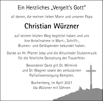 Traueranzeige von Christian Würzner von Allgäuer Zeitung,Kempten