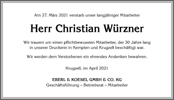 Traueranzeige von Christian Würzner von Allgäuer Zeitung,Kempten