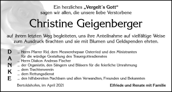 Traueranzeige von Christine Geigenberger von Allgäuer Zeitung, Marktoberdorf