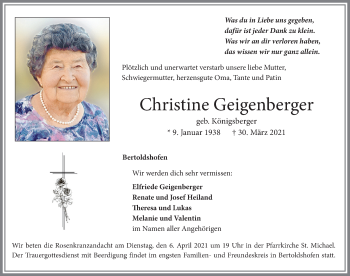 Traueranzeige von Christine Geigenberger von Allgäuer Zeitung, Marktoberdorf