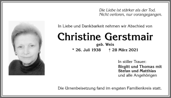 Traueranzeige von Christine Gerstmair von Allgäuer Zeitung, Kaufbeuren/Buchloe