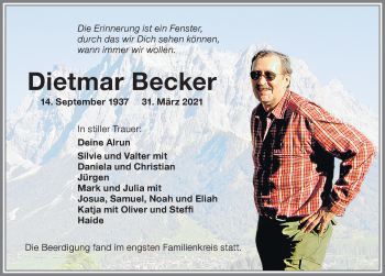 Traueranzeige von Dietmar Becker von Memminger Zeitung