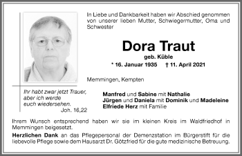 Traueranzeige von Dora Traut von Memminger Zeitung