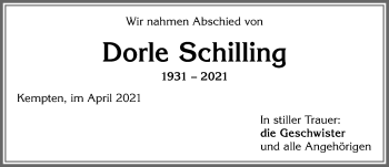 Traueranzeige von Dorle Schilling von Allgäuer Zeitung,Kempten