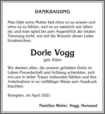 Traueranzeige von Dorle Vogg von Allgäuer Zeitung,Kempten