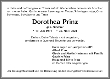 Traueranzeige von Dorothea Prinz von Allgäuer Zeitung,Kempten