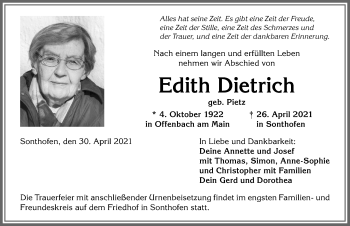 Traueranzeige von Edith Dietrich von Allgäuer Anzeigeblatt