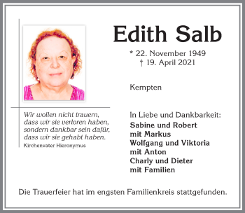 Traueranzeige von Edith Salb von Allgäuer Zeitung,Kempten