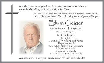 Traueranzeige von Edwin Geiger von Allgäuer Zeitung, Füssen