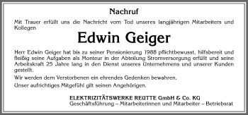 Traueranzeige von Edwin Geiger von Allgäuer Zeitung, Füssen