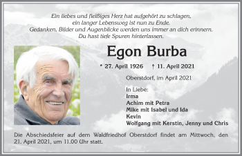 Traueranzeige von Egon Burba von Allgäuer Anzeigeblatt
