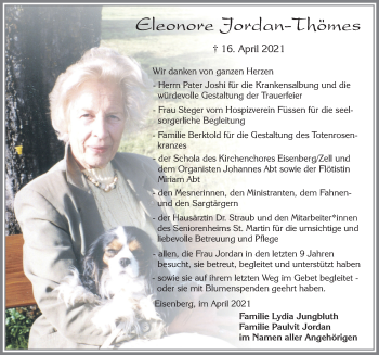 Traueranzeige von Eleonore Jordan-Thömes von Allgäuer Zeitung, Füssen