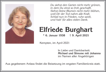 Traueranzeige von Elfriede Burghart von Allgäuer Zeitung,Kempten