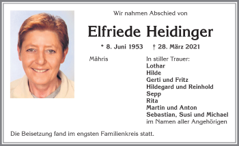 Traueranzeige von Elfriede Heidinger von Allgäuer Zeitung,Kempten