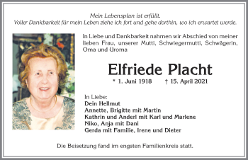 Traueranzeige von Elfriede Placht von Allgäuer Zeitung,Kempten