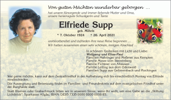 Traueranzeige von Elfriede Supp von Allgäuer Zeitung,Kempten