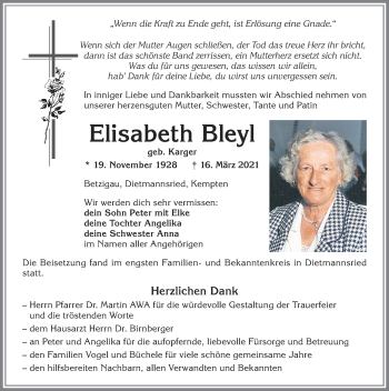 Traueranzeige von Elisabeth Bleyl von Allgäuer Zeitung,Kempten