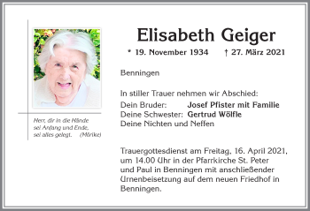 Traueranzeige von Elisabeth Geiger von Memminger Zeitung