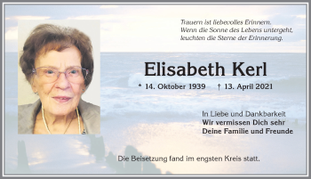 Traueranzeige von Elisabeth Kerl von Allgäuer Anzeigeblatt