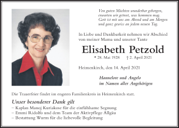 Traueranzeige von Elisabeth Petzold von Der Westallgäuer