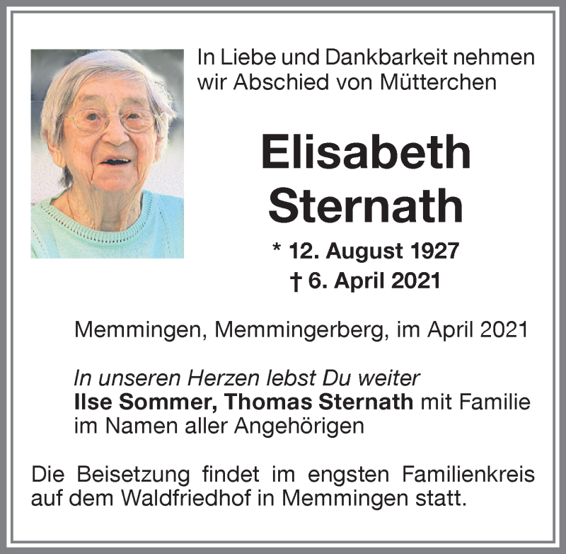  Traueranzeige für Elisabeth Sternath vom 10.04.2021 aus Memminger Zeitung