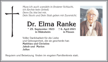 Traueranzeige von Elma Ranke von Allgäuer Zeitung, Füssen
