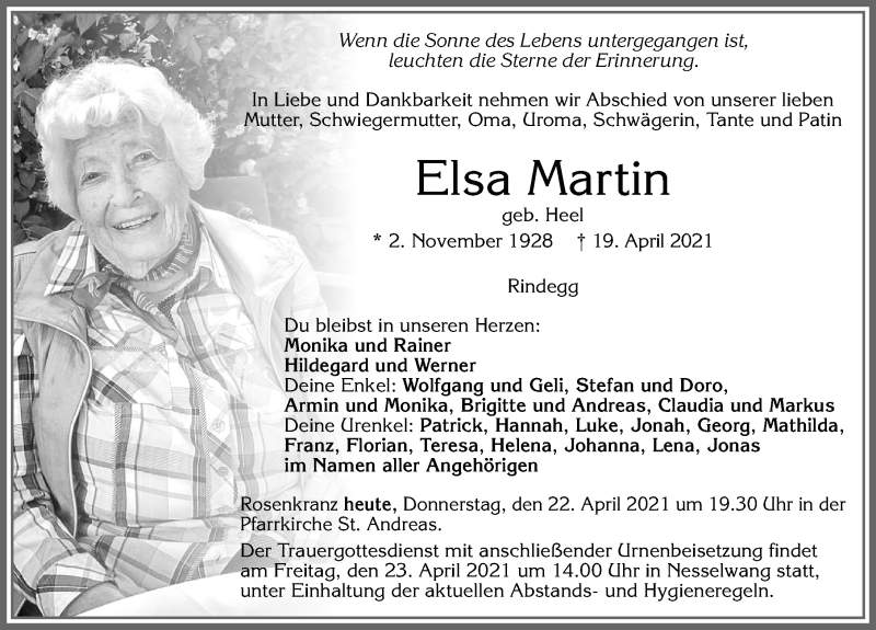  Traueranzeige für Elsa Martin vom 22.04.2021 aus Allgäuer Zeitung, Füssen