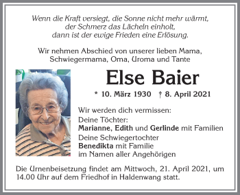 Traueranzeige von Else Baier von Allgäuer Zeitung,Kempten