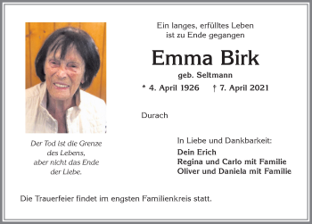 Traueranzeige von Emma Birk von Allgäuer Zeitung,Kempten