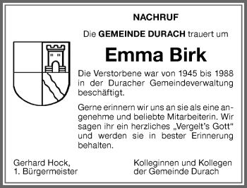 Traueranzeige von Emma Birk von Allgäuer Zeitung,Kempten