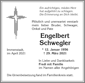 Traueranzeige von Engelbert Schwegler von Allgäuer Anzeigeblatt