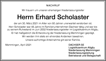 Traueranzeige von Erhard Scholaster von Allgäuer Zeitung