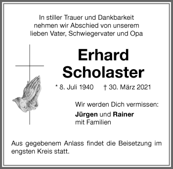 Traueranzeige von Erhard Scholaster von Memminger Zeitung