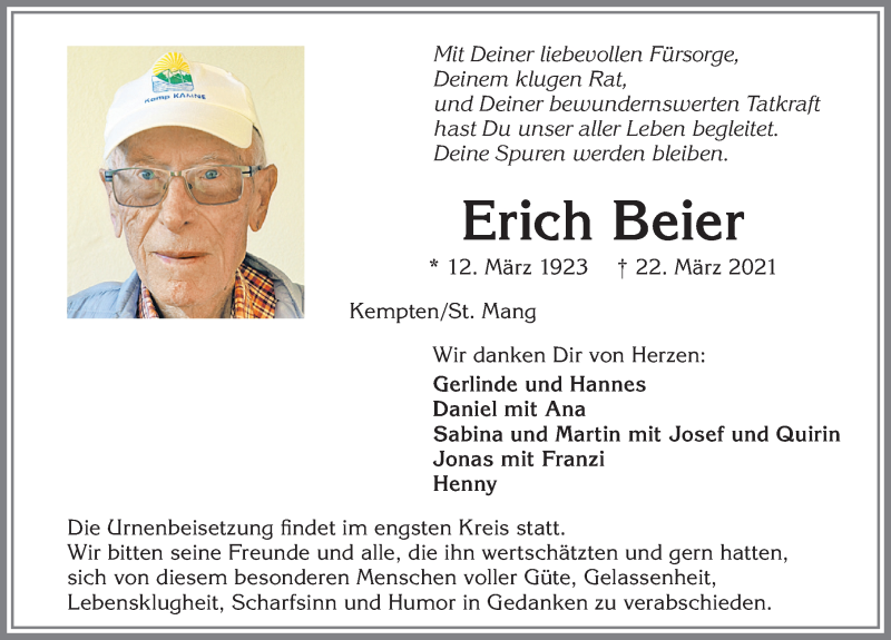  Traueranzeige für Erich Beier vom 03.04.2021 aus Allgäuer Zeitung,Kempten