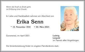 Traueranzeige von Erika Senn von Allgäuer Anzeigeblatt