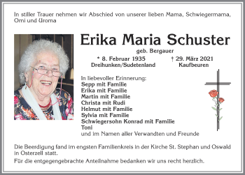Traueranzeige von Erika Maria Schuster von Allgäuer Zeitung, Kaufbeuren/Buchloe