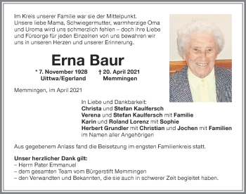 Traueranzeige von Erna Baur von Memminger Zeitung
