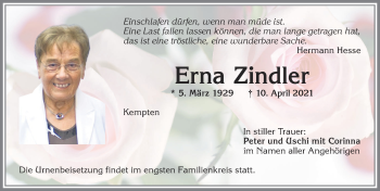 Traueranzeige von Erna Zindler von Allgäuer Zeitung,Kempten