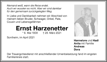 Traueranzeige von Ernst Harzenetter von Memminger Zeitung