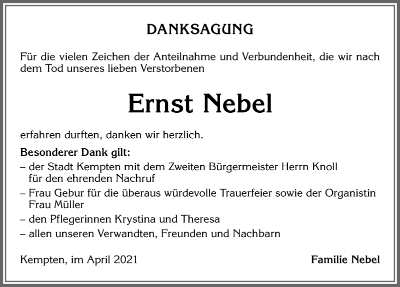  Traueranzeige für Ernst Nebel vom 17.04.2021 aus Allgäuer Zeitung,Kempten