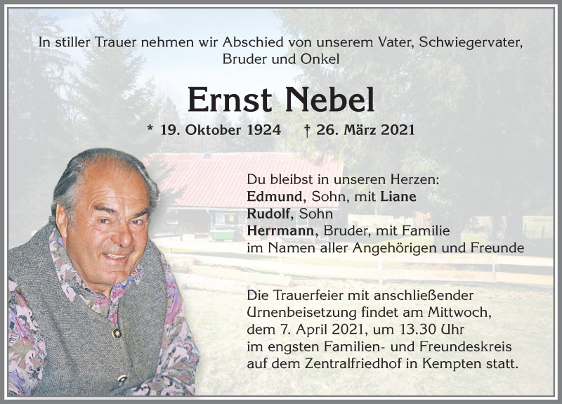  Traueranzeige für Ernst Nebel vom 03.04.2021 aus Allgäuer Zeitung,Kempten