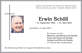 Traueranzeige von Erwin Schöll von Allgäuer Anzeigeblatt