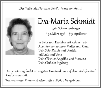 Traueranzeige von Eva-Maria Schmidt von Allgäuer Zeitung, Kaufbeuren/Buchloe