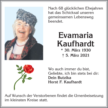 Traueranzeige von Evamaria Kaufhardt von Allgäuer Zeitung,Kempten