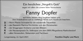 Traueranzeige von Fanny Dopfer von Allgäuer Zeitung, Marktoberdorf