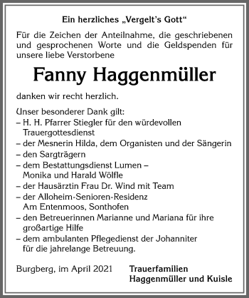 Traueranzeige von Fanny HAggenmüller von Allgäuer Anzeigeblatt