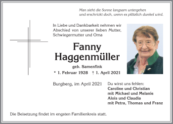 Traueranzeige von Fanny HAggenmüller von Allgäuer Anzeigeblatt