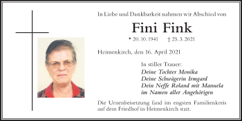 Traueranzeige von Fini Fink von Der Westallgäuer