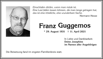 Traueranzeige von Franz Guggemos von Allgäuer Zeitung